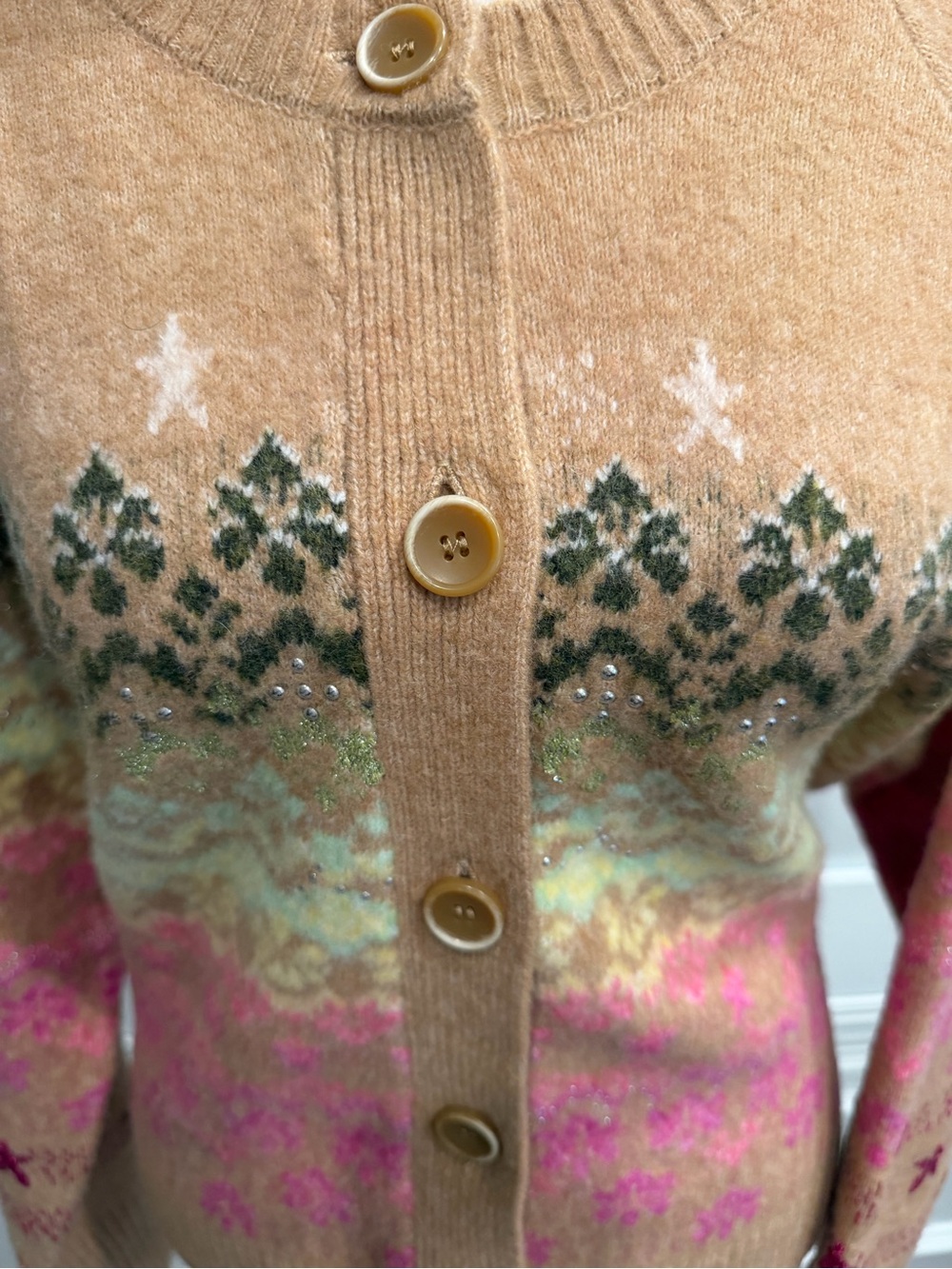 Cinq a Sept Camel Fair Isle Button-Front studded Women's Cardigan Sweater - Picture 6 of 9
